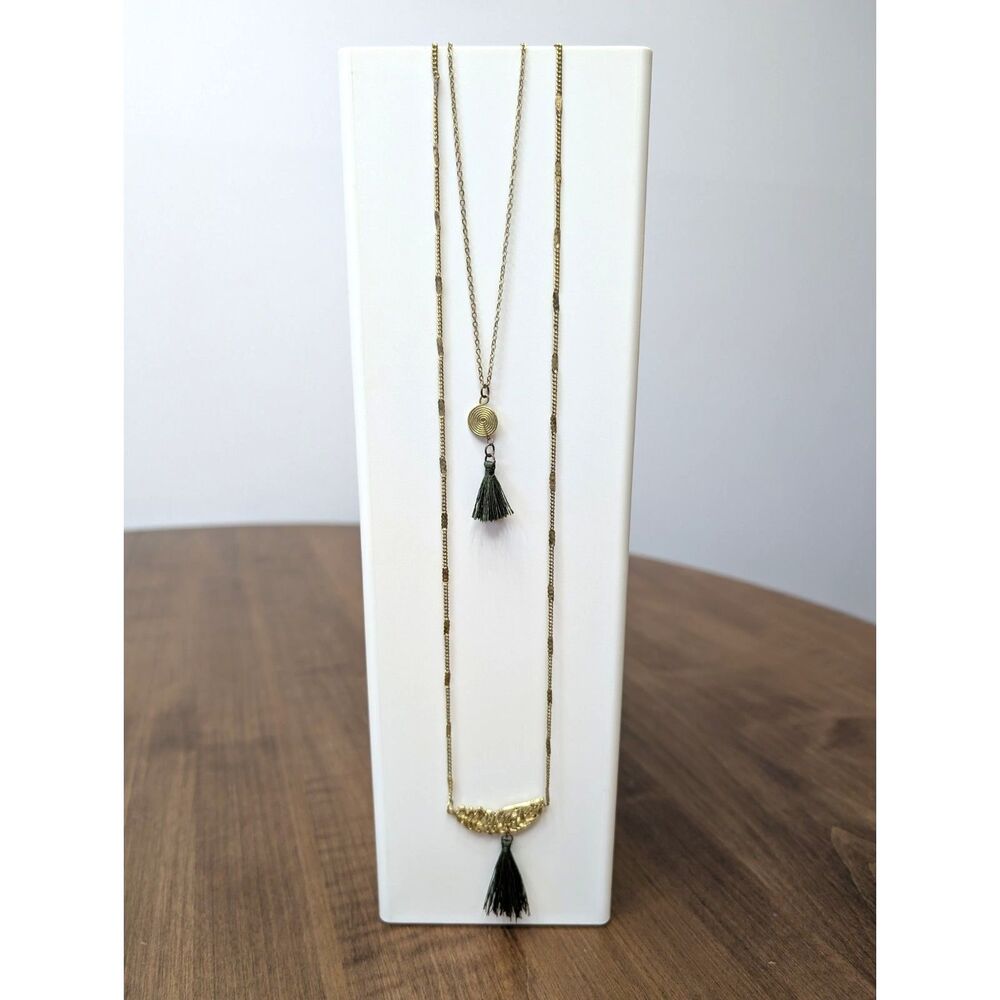 Boho Layered Gold-tone Feather & Spiral Tassel Necklace